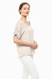 Taupe short pleated sleeve top