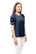 Load image into Gallery viewer, Navy draped short bubble sleeve top
