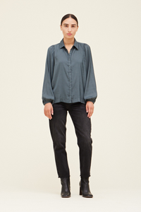 Dark teal button front long sleeve top