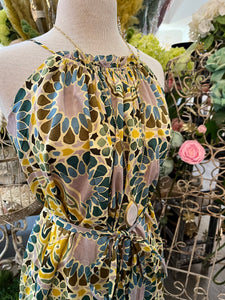 Yellow blue purple tile print midi dress