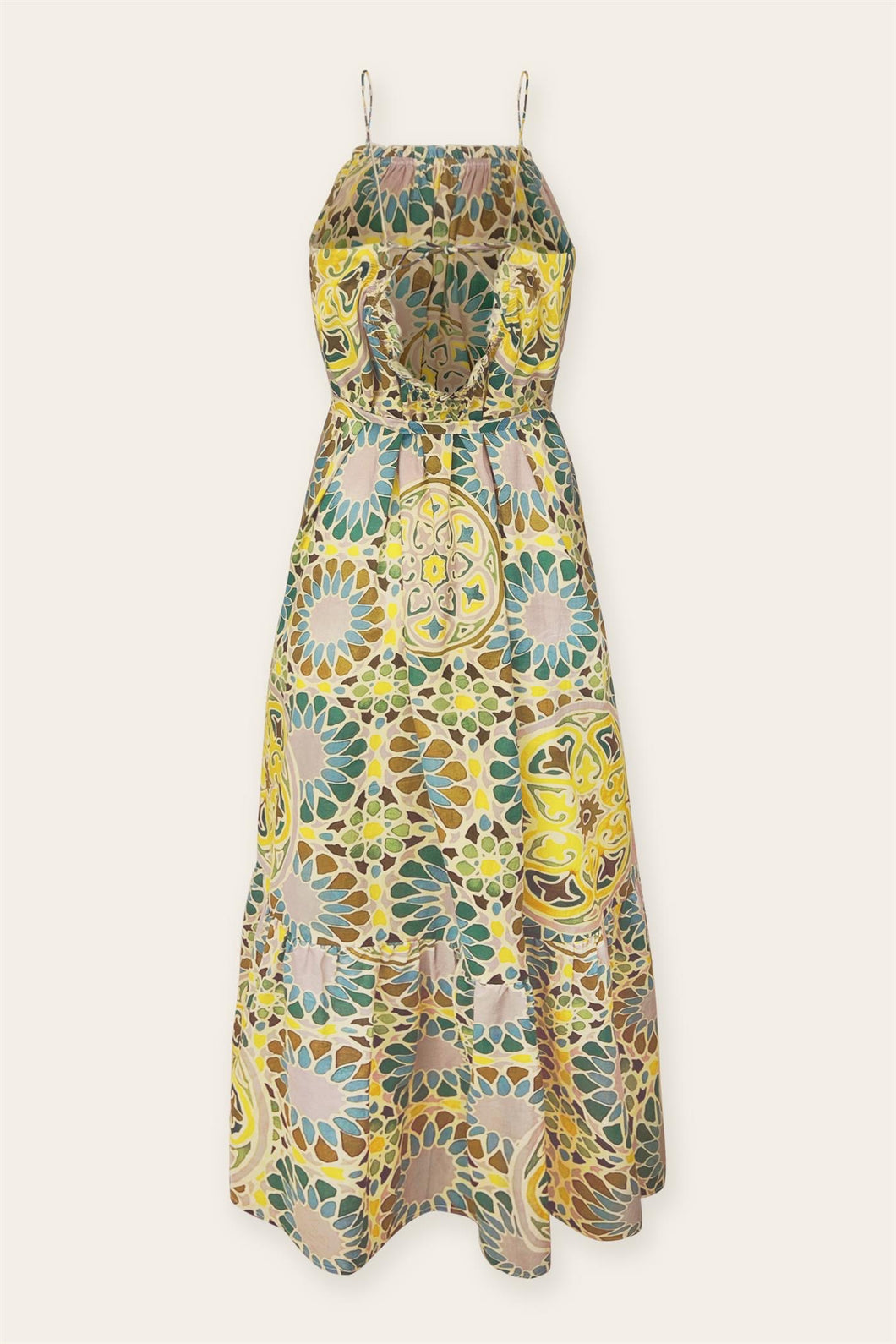 Yellow blue purple tile print midi dress