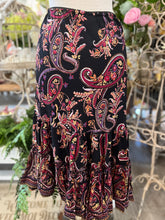 Load image into Gallery viewer, Black wine gold paisley midi skirt
