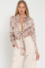 Load image into Gallery viewer, Cream brown leaf print cropped tie front top
