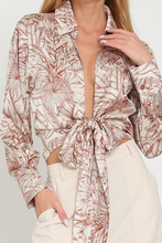 Load image into Gallery viewer, Cream brown leaf print cropped tie front top
