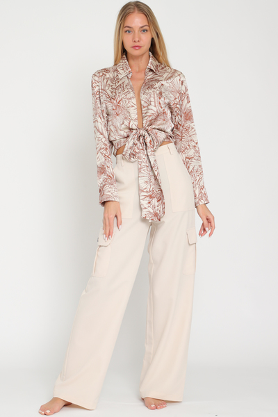 Cream brown leaf print cropped tie front top