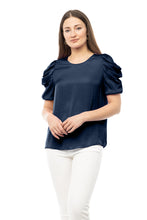 Load image into Gallery viewer, Navy draped short bubble sleeve top
