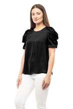 Load image into Gallery viewer, Black draped bubble sleeve top

