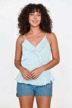Load image into Gallery viewer, Light blue denim was ruffle top
