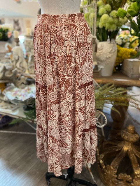 Carmel batik print midi skirt