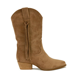 Dallas-12 Dark Taupe short boot with fringe tie