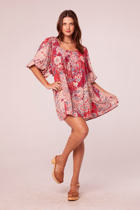 Red coral floral 3/4 sleeve short dress