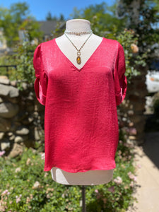 Cherry Red Satin Twist Knot Sleeve Blouse