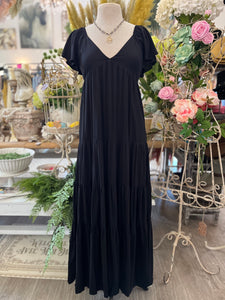 Black short puff sleeve maxi dress